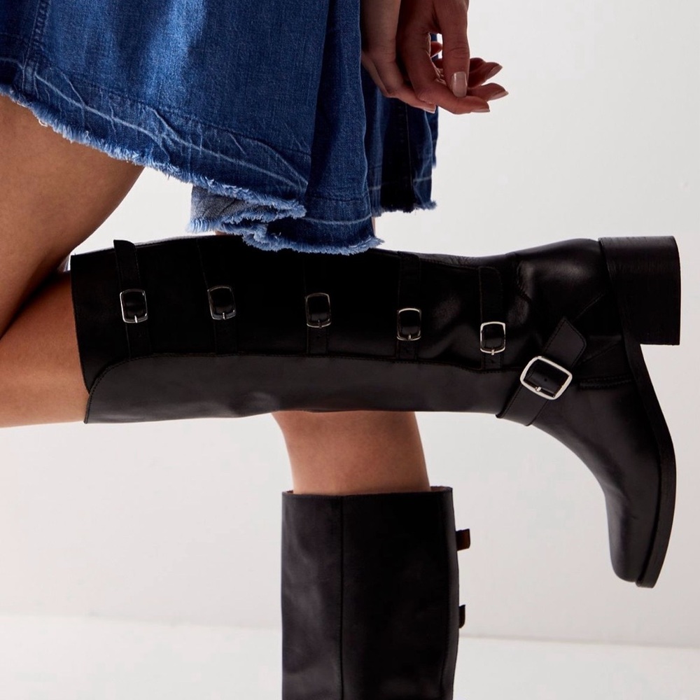 Free People Eclipse Tall Black Moto Boots with Buckles